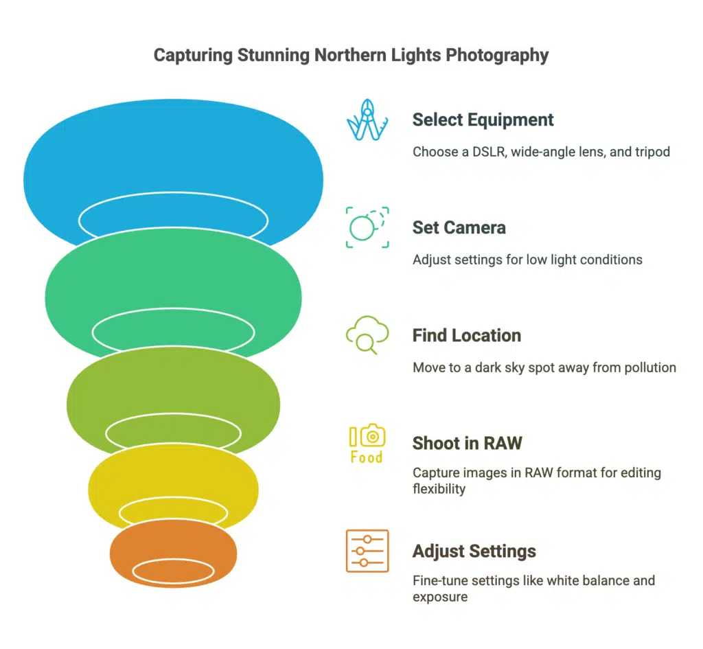 Die Infografik „Atemberaubende Nordlicht-Fotografie“ zeigt ein mehrfarbiges, trichterförmiges Design mit fünf wichtigen Schritten. Die Schritte sind: „Ausrüstung auswählen“ (DSLR, Weitwinkelobjektiv und Stativ verwenden), „Kamera einstellen“ (Einstellungen an schlechte Lichtverhältnisse anpassen), „Standort suchen“ (einen dunklen Ort ohne Verschmutzung wählen), „Im RAW-Format aufnehmen“ (Bilder im RAW-Format für eine bessere Bearbeitung aufnehmen) und „Einstellungen anpassen“ (Weißabgleich und Belichtung optimieren). Jeder Schritt wird durch ein Symbol dargestellt, wobei die Farben Blau, Grün, Gelb und Orange nach unten verlaufen.
