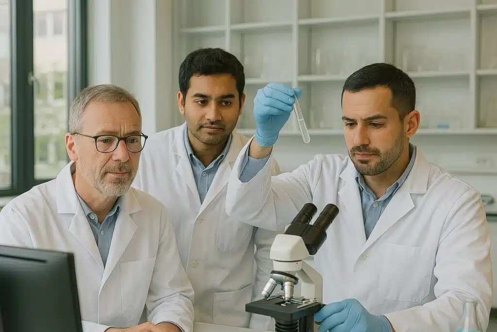 Ein echtes oder Stockfoto eines vielfältigen Forschungsteams in einem deutschen Labor oder an einer Universität (z. B. Max-Planck-Institut oder TU Berlin)