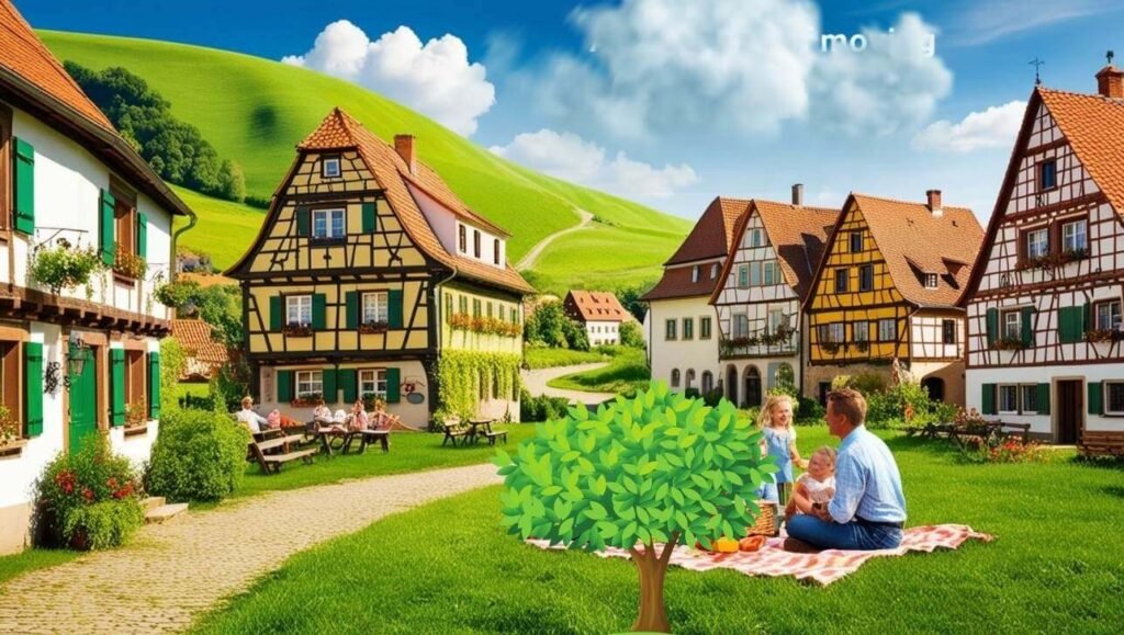 A picture tha show a happy family is enjoying sunlight in a Germany village