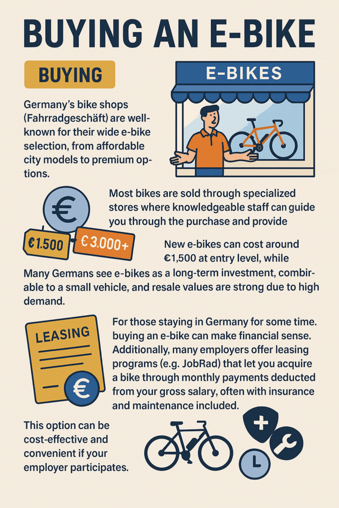 Infographic about buying an e-bike in Germany, showing key points: wide selection at bike shops, costs starting around €1,500 for entry-level models and exceeding €3,000 for premium options, the strong resale value of e-bikes, and the availability of employer leasing programs like JobRad that include insurance and maintenance.