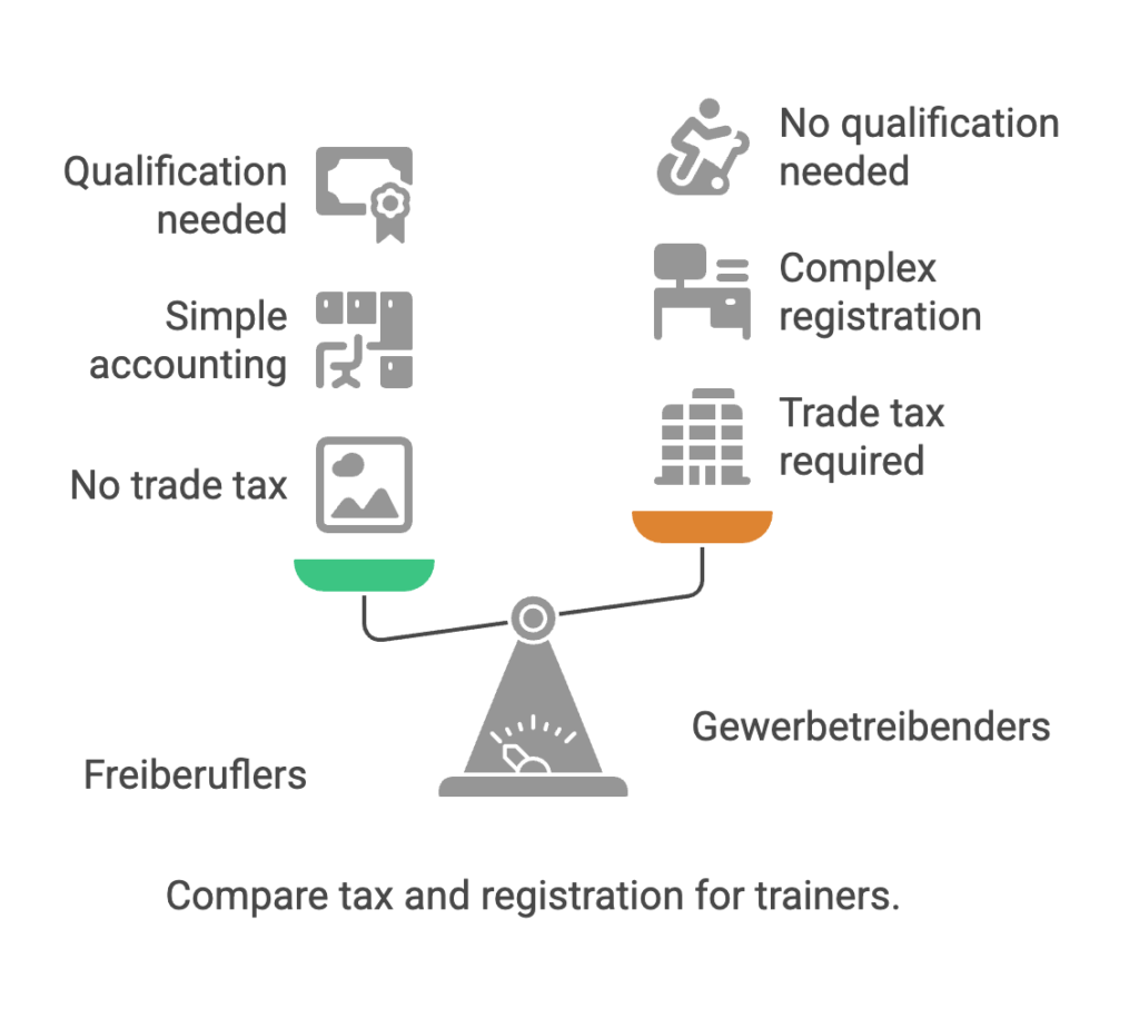 Infographic - Tax and registration comparison for sports trainers in Germany. Freiberufler trainers enjoy tax exemptions and simple bookkeeping, while Gewerbetreibender trainers must pay trade tax and manage complex registration. Choosing the right classification impacts earnings for trainers in Germany.