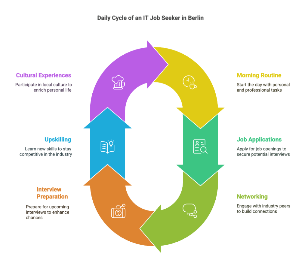 Circular infographic illustrating the daily cycle of an IT job seeker in Berlin, covering six key activities: Morning Routine, Job Applications, Networking, Interview Preparation, Upskilling, and Cultural Experiences, each accompanied by a brief description and represented with distinct colors and icons