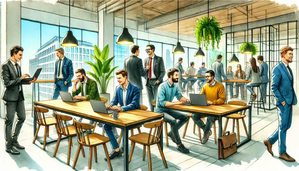Aquarellbild – Arbeitssuchende arbeiten an ihren Laptops in Berlin