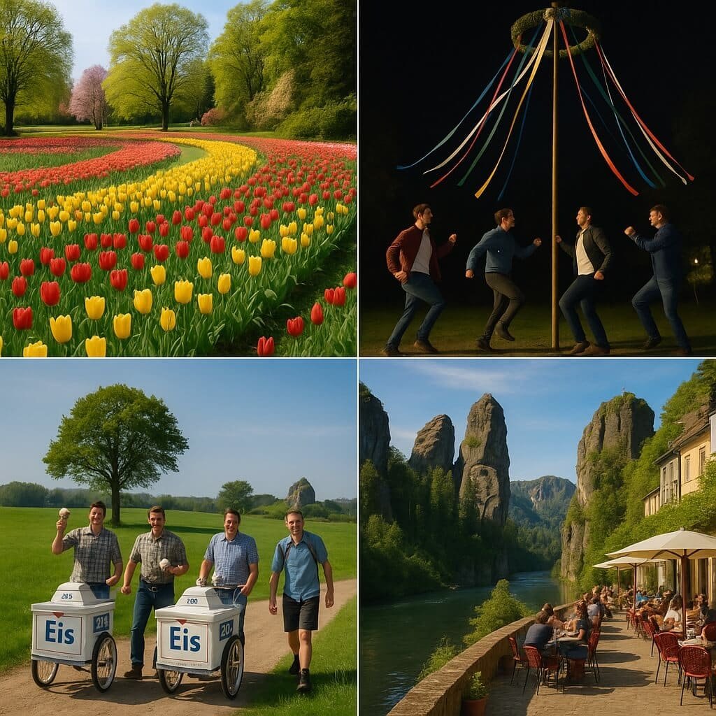 photo-style visuals of springtime in Germany: tulip fields on Mainau Island, only males dancing around a maypole at night (‘Tanz in den Mai’), men with ice cream wagons celebrating Father’s Day in the countryside,