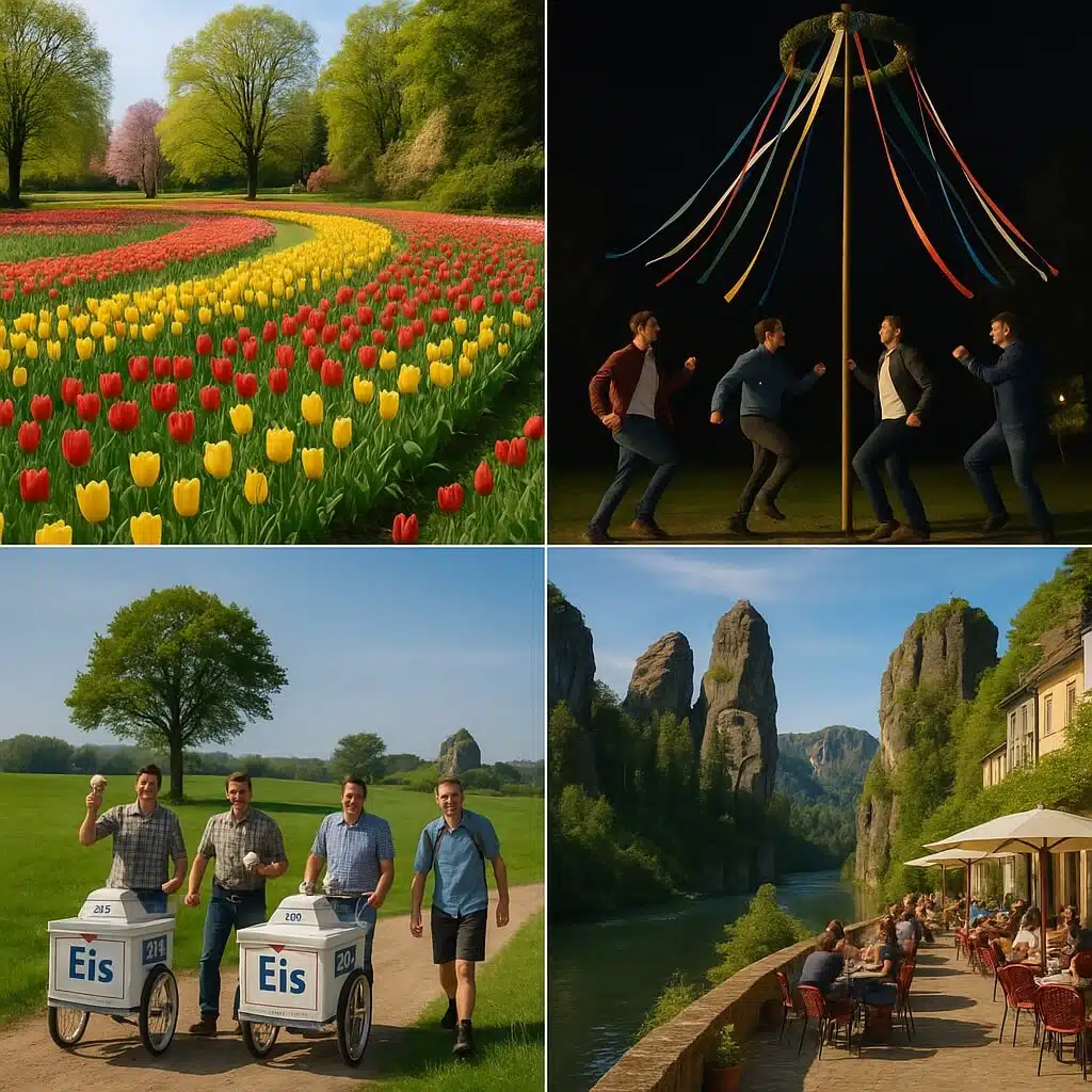 Foto-Stil Bilder des Frühlings in Deutschland: Tulpenfelder auf der Insel Mainau, nur Männer tanzen um einen Maibaum in der Nacht ('Tanz in den Mai'), Männer mit Eiswagen feiern den Vatertag auf dem Land,